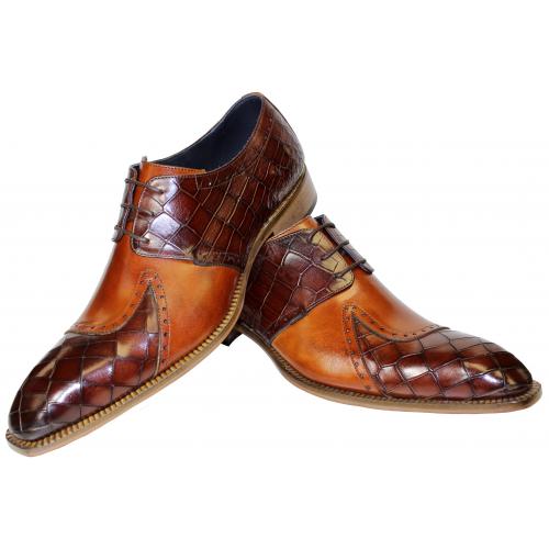 Duca Di Matiste "Valentano" Brown / Cognac Genuine Italian Calfskin / Crocodile Print Lace-Up Derby Shoes.